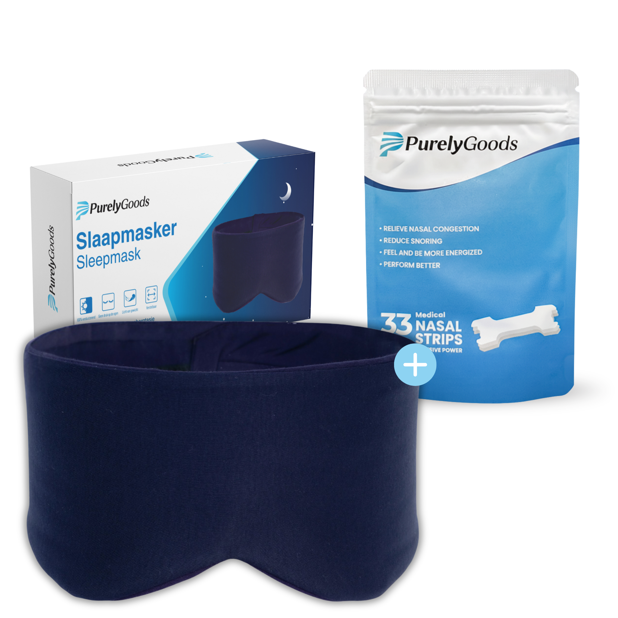 PurelyGoods Deep Sleep Set - Neusstrips & Slaapmasker (donkerblauw). Ideaal voor een fijne nachtrust en betere slaapkwaliteit.