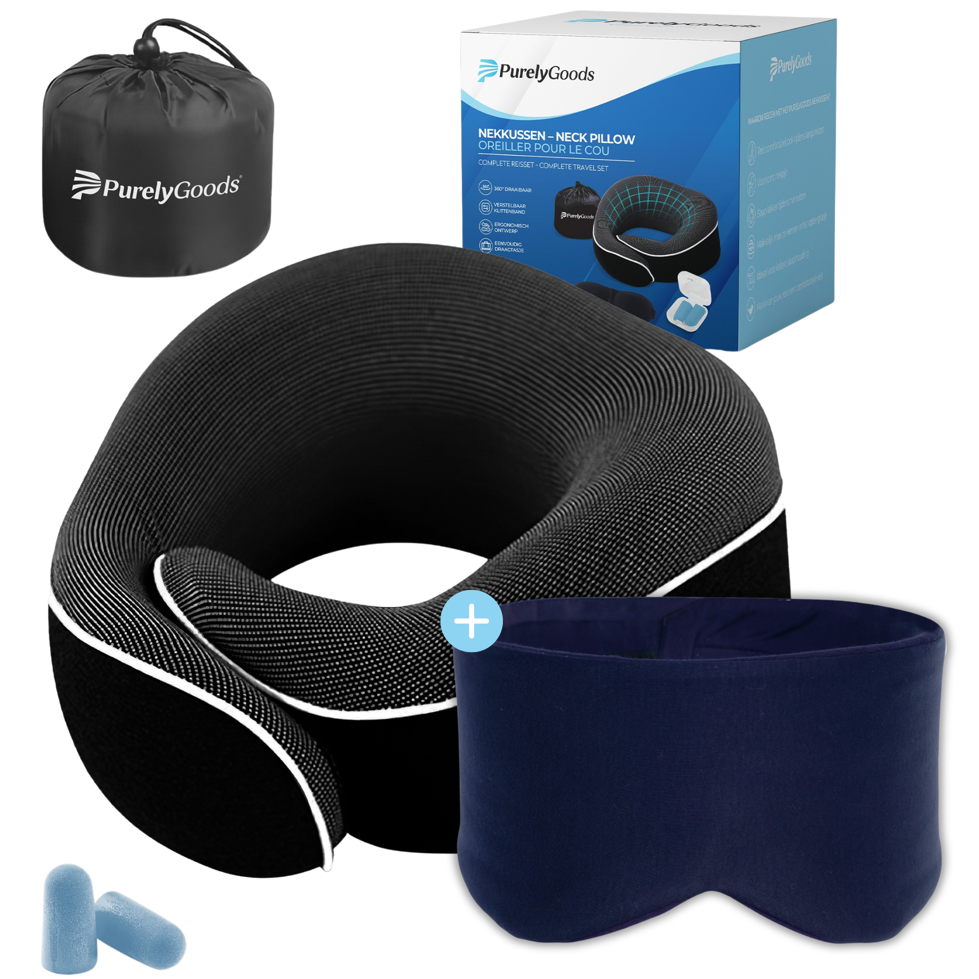 PurelyGoods Reiscomfort Set - Nekkussen & Slaapmasker (donkerblauw). Ideaal voor reisset tijdens vliegen en auto reis.