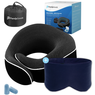 PurelyGoods Reiscomfort Set - Nekkussen & Slaapmasker (donkerblauw). Ideaal voor reisset tijdens vliegen en auto reis.