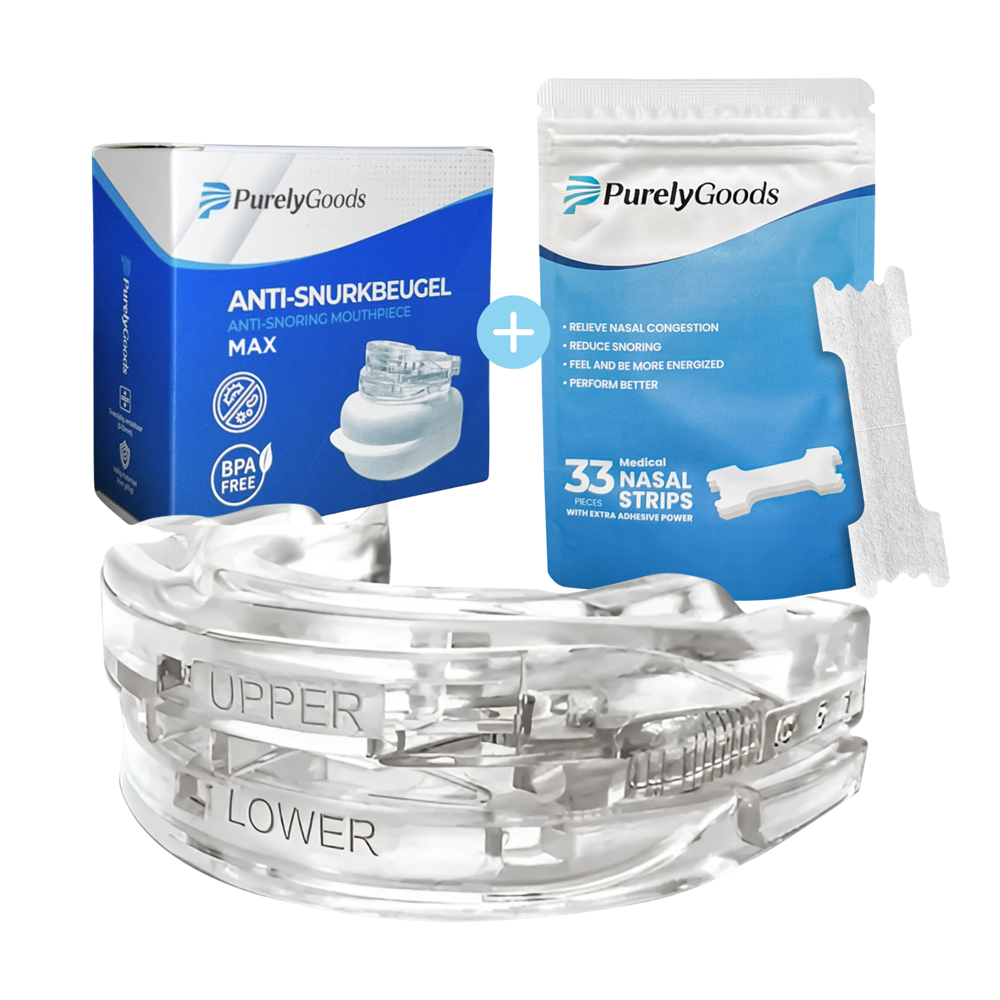 PurelyGoods Snurkbeugel Max en Neusstrips Set voor beter ademhalen en minder snurken tijdens de nacht.