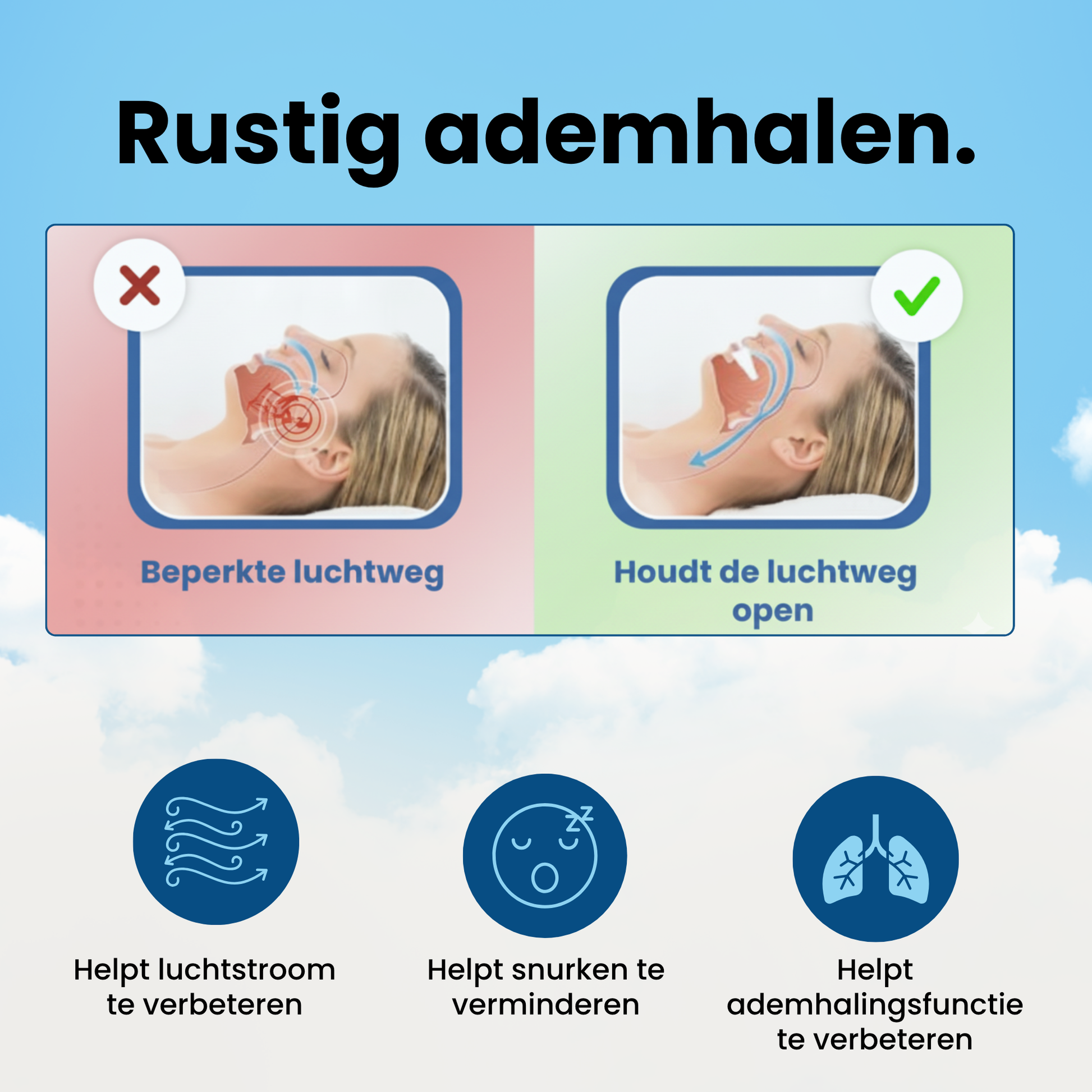 Instructie-afbeelding die de werking van de anti snurkbeugel toont: correcte houding met geopende luchtweg (rechts) versus beperkte luchtweg (links). De beugel helpt snurken te verminderen door de ademhaling te verbeteren.