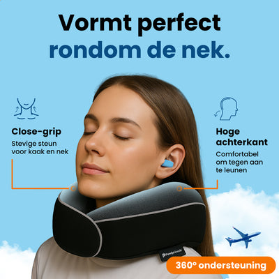 Vrouw draag het PurelyGoods nekkussen voor ondersteuning rondom nek