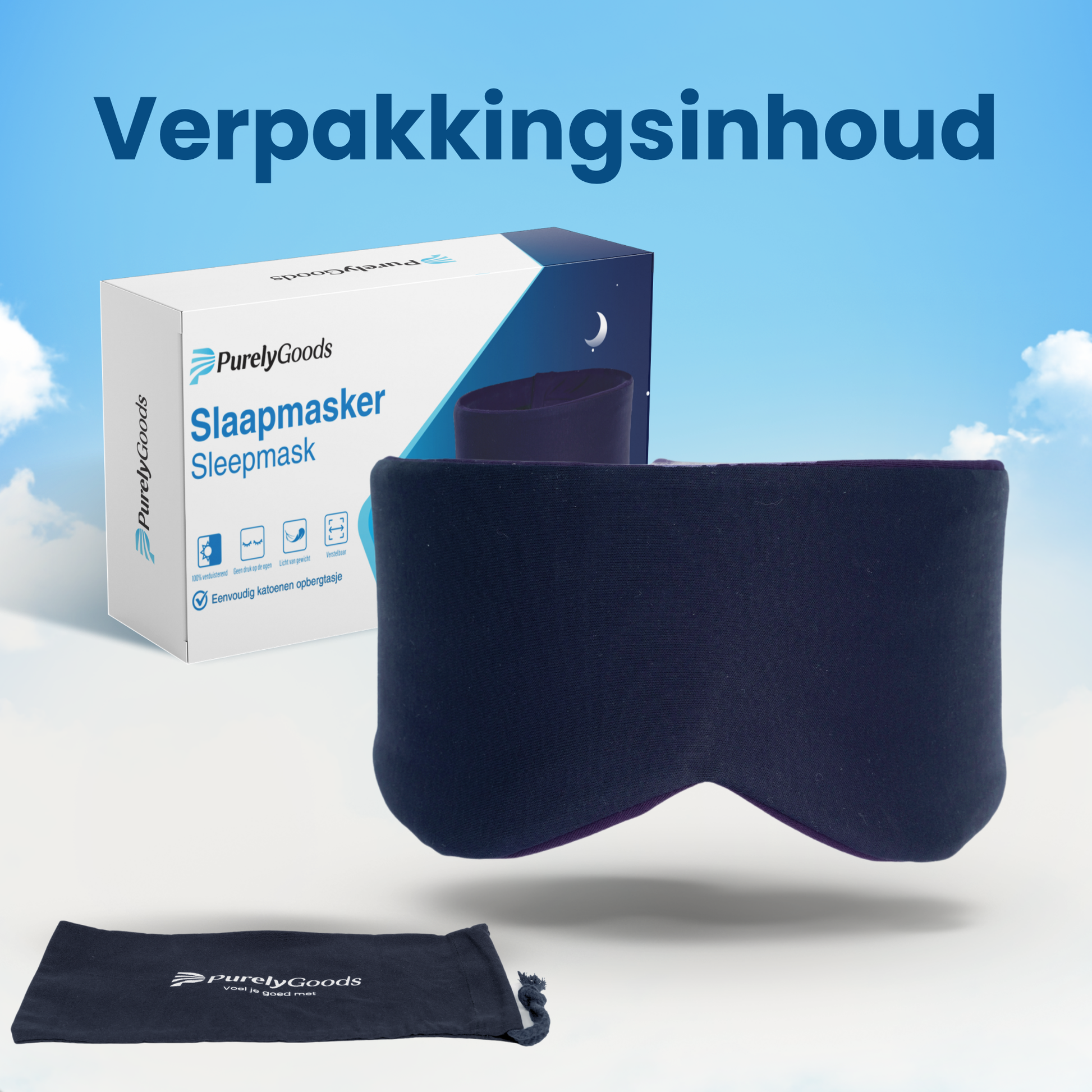 PurelyGoods slaapmasker donkerblauw verpakkingsinhoud