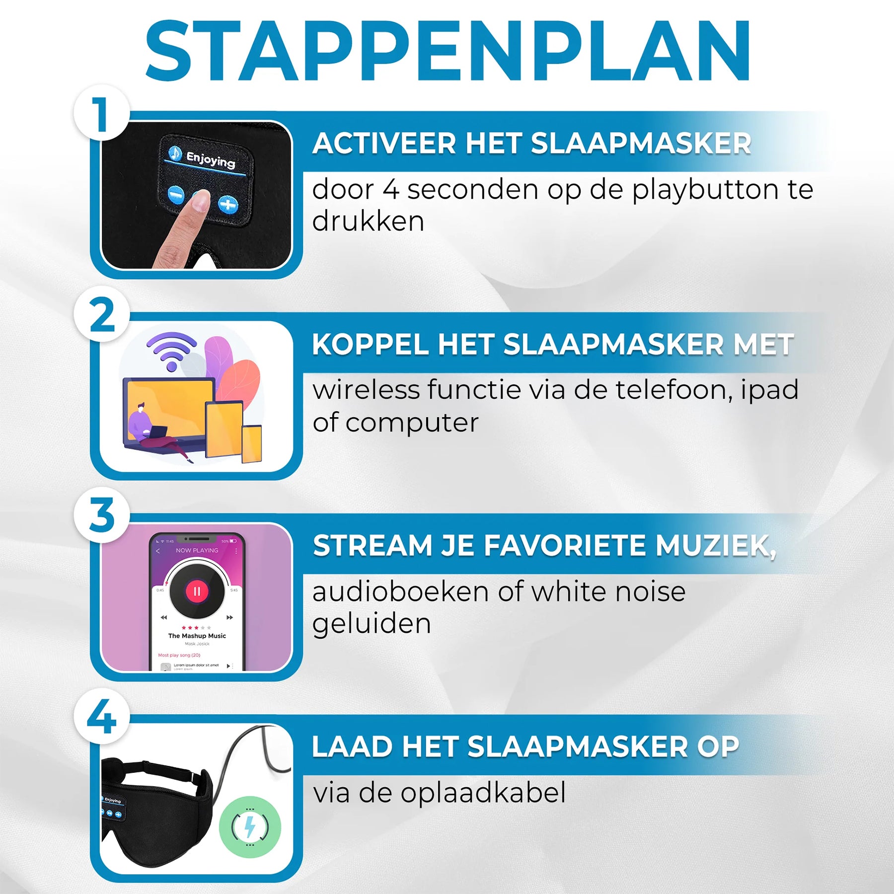 Stappenplan slaapmasker bluetooth aanzetten