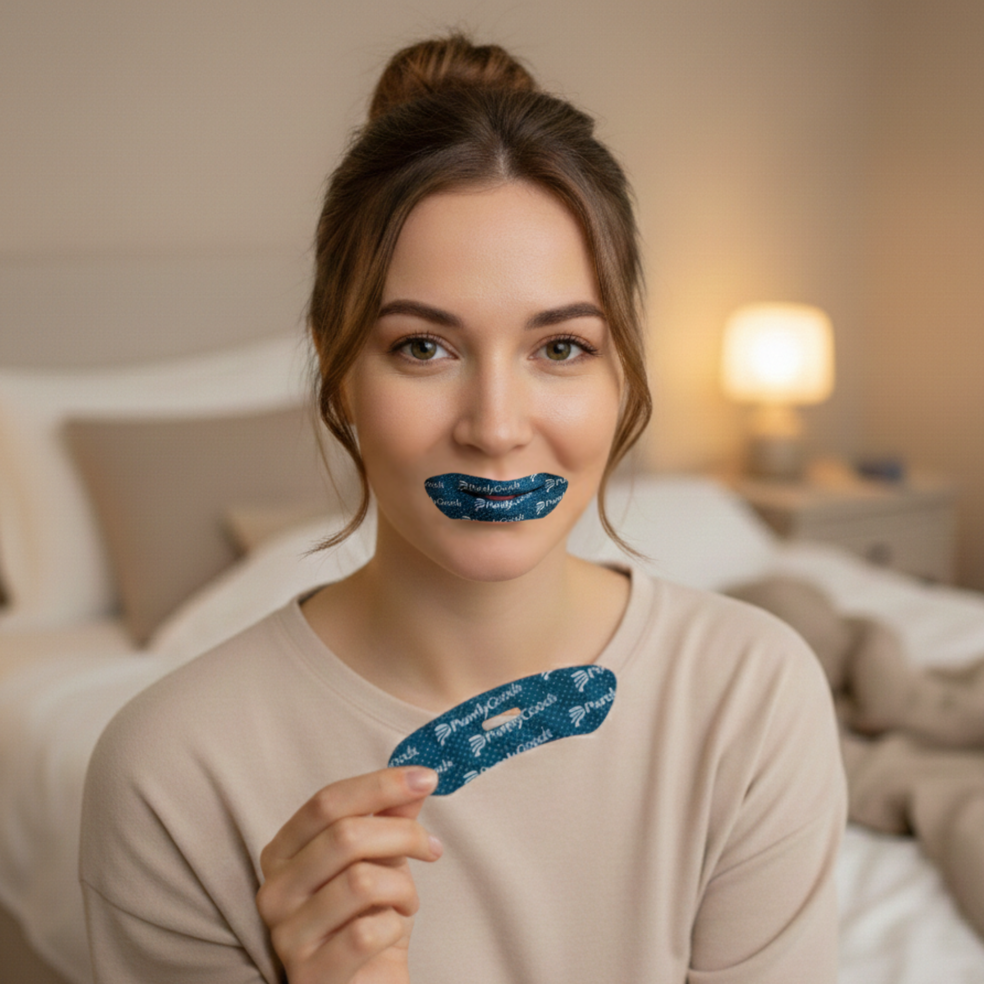 Vrouw is tevreden met mondtape van PurelyGoods en toont deze ook.