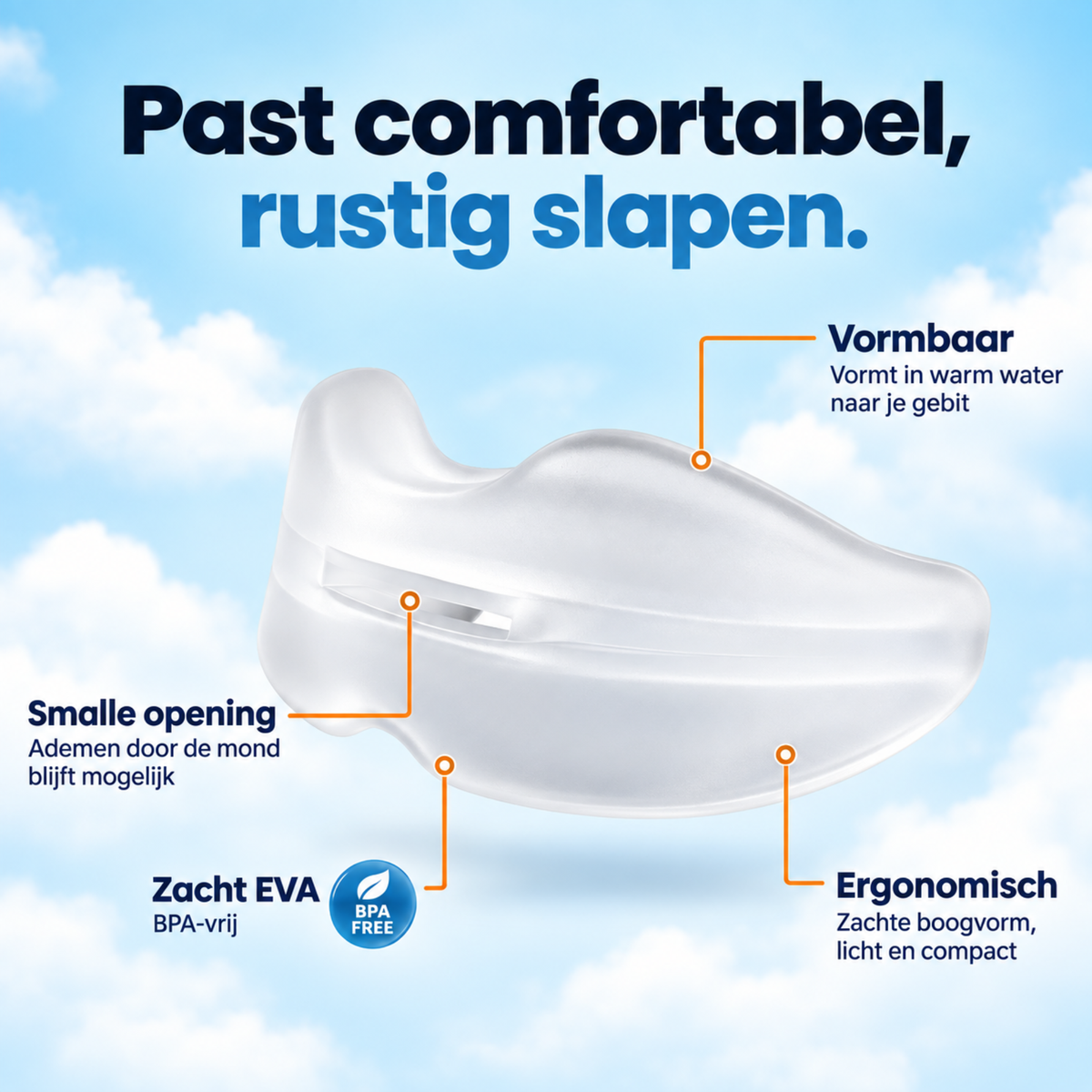 Details van de anti-snurkbeugel Comfort: vormbaar EVA, smalle ademopening en afgeronde pasvorm.