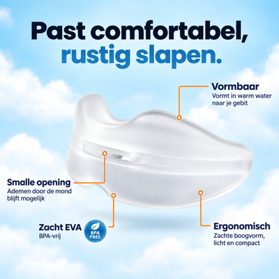 Details van de anti-snurkbeugel Comfort: vormbaar EVA, smalle ademopening en afgeronde pasvorm.