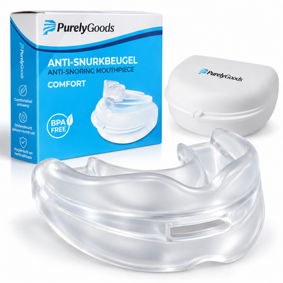 PurelyGoods Anti-snurkbeugel Comfort van transparante siliconen met bijbehorend wit opbergdoosje en verpakking