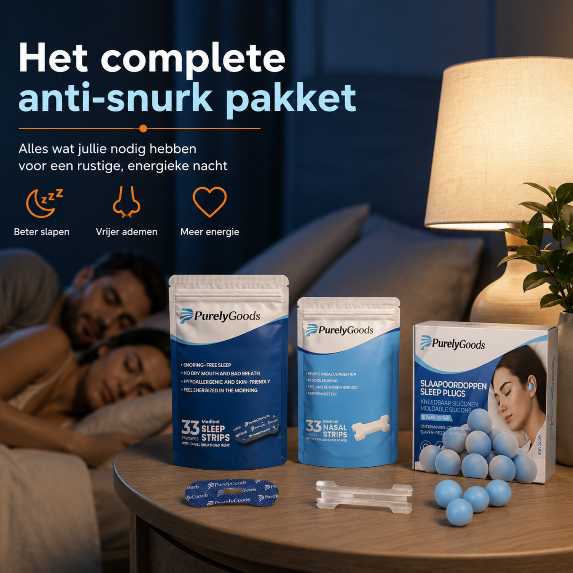 Compleet anti-snurk pakket voor koppels met mondtape, neusstrips en siliconen oordoppen