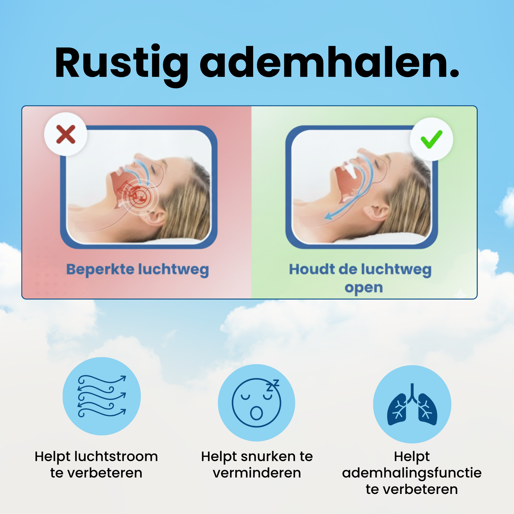 Instructie-afbeelding die de werking van de anti snurk beugel toont: de beugel houdt de luchtweg open voor een rustige ademhaling, wat helpt snurken te verminderen en de luchtstroom te verbeteren.