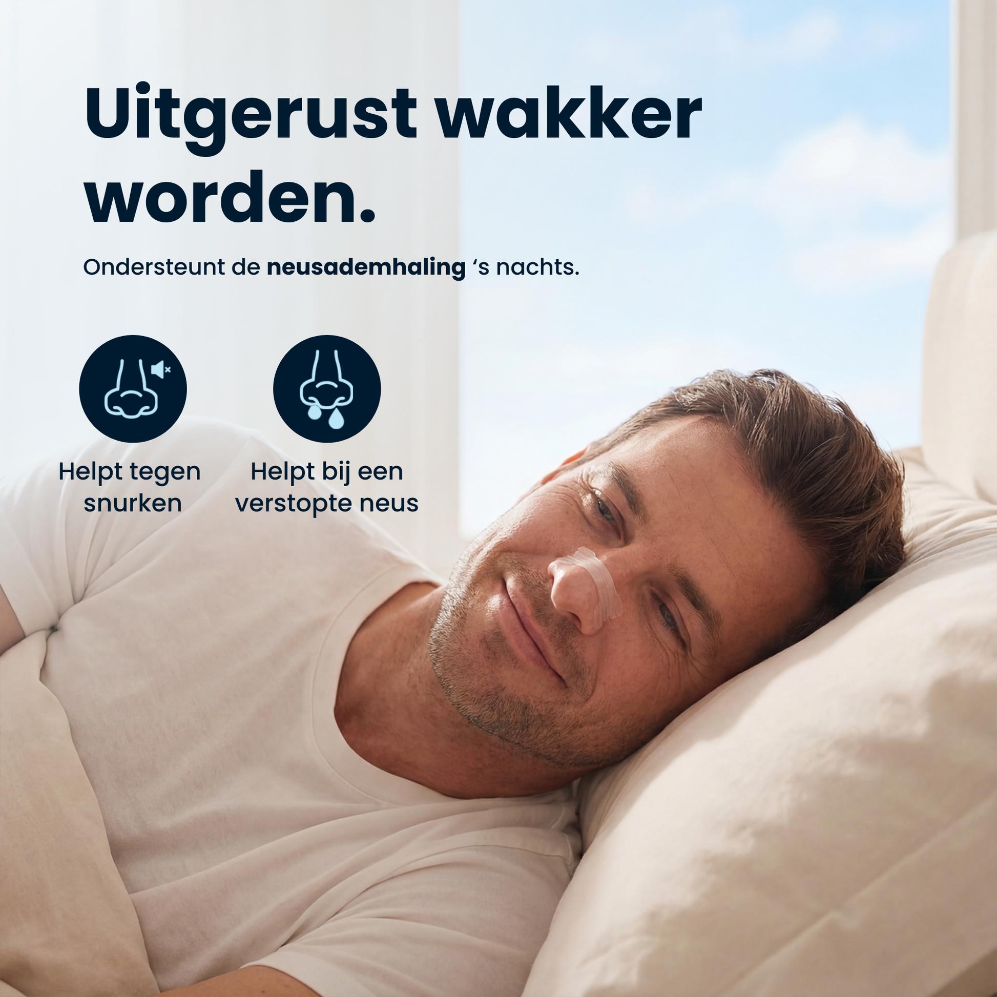 Een man ligt glimlachend in bed met een transparante neuspleister op zijn neus. Boven de man staat de tekst 'Uitgerust wakker worden. Ondersteunt de neusademhaling 's nachts.' Er zijn twee iconen met tekst: 'Helpt tegen snurken' en 'Helpt bij een verstopte neus'.