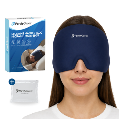 PurelyGoods blauw migraine masker met verpakking en diepvrieszak