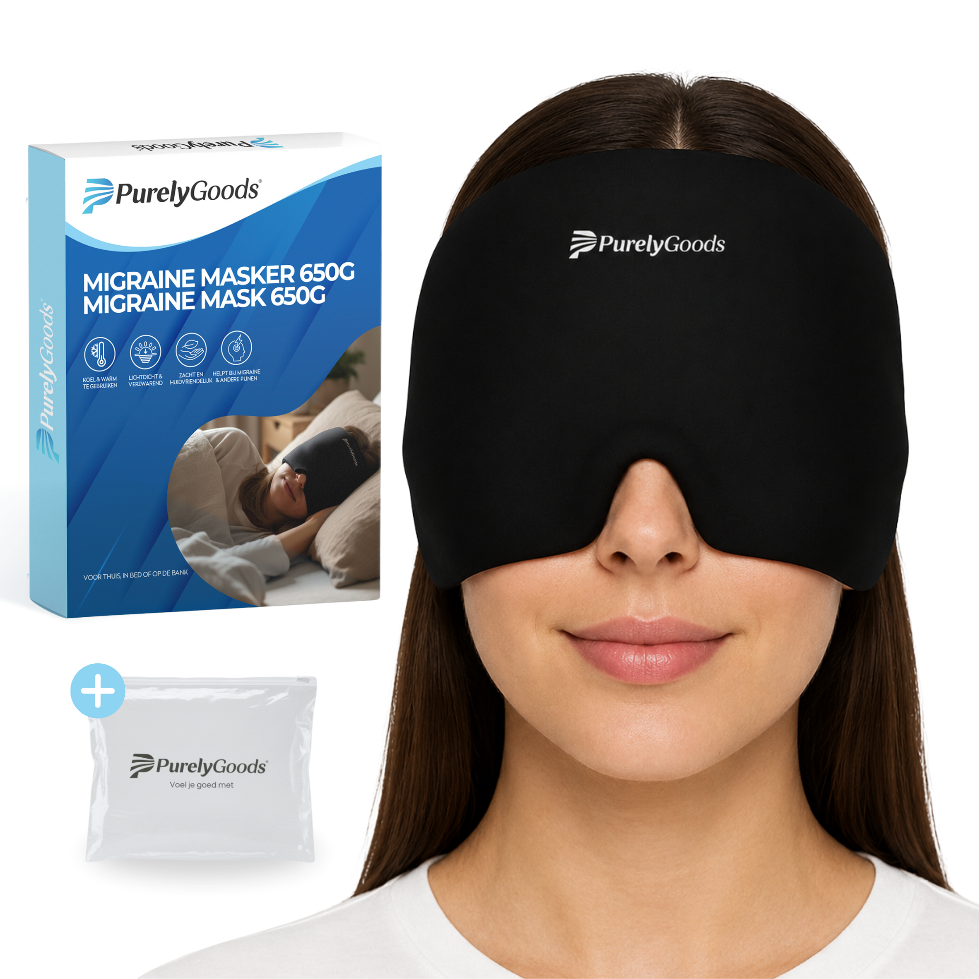 PurelyGoods zwart migraine masker met verpakking en diepvrieszak