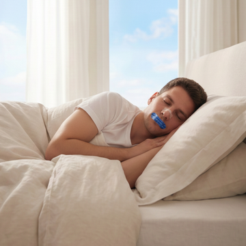 Man die rustig slaapt met mondtape en neusstrip bij lichte slaapproblemen en mondademhaling