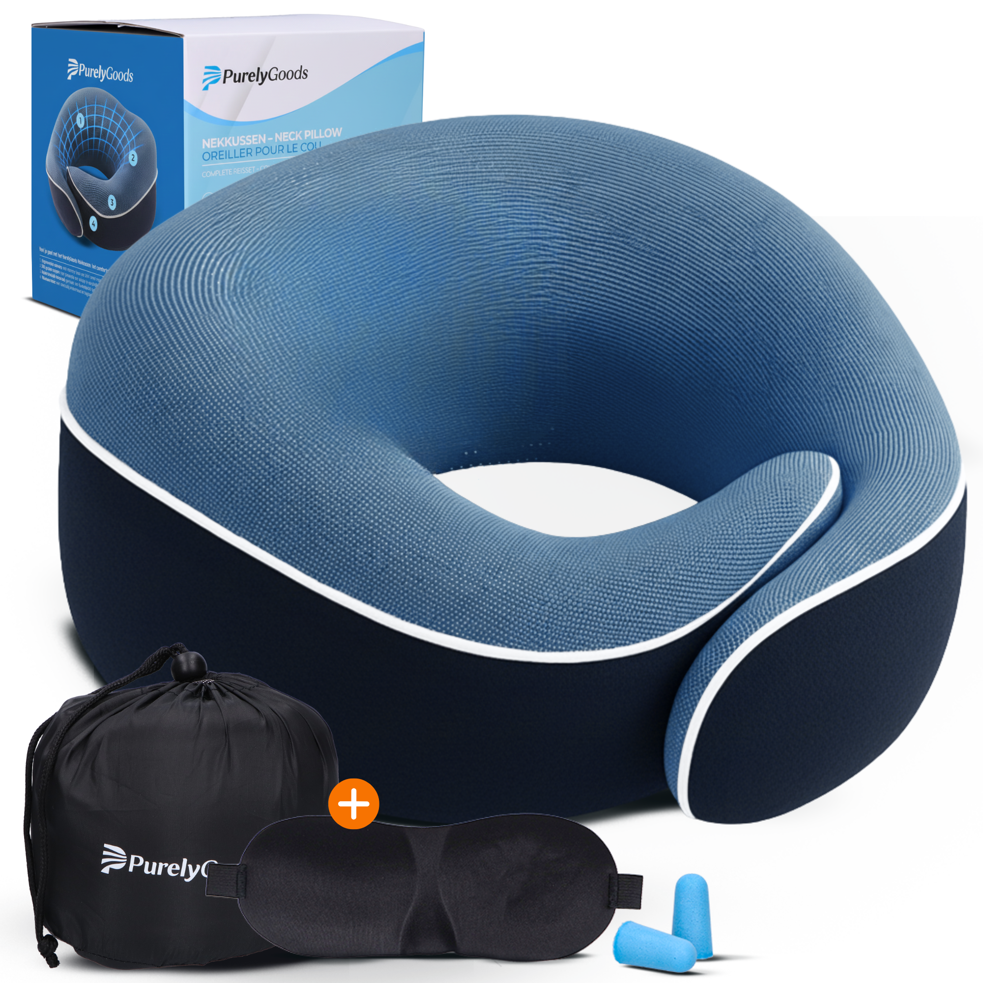 Alt-tekst: PurelyGoods nekkussen donkerblauw voor vliegtuig met slaapmasker, oordoppen en opbergtas