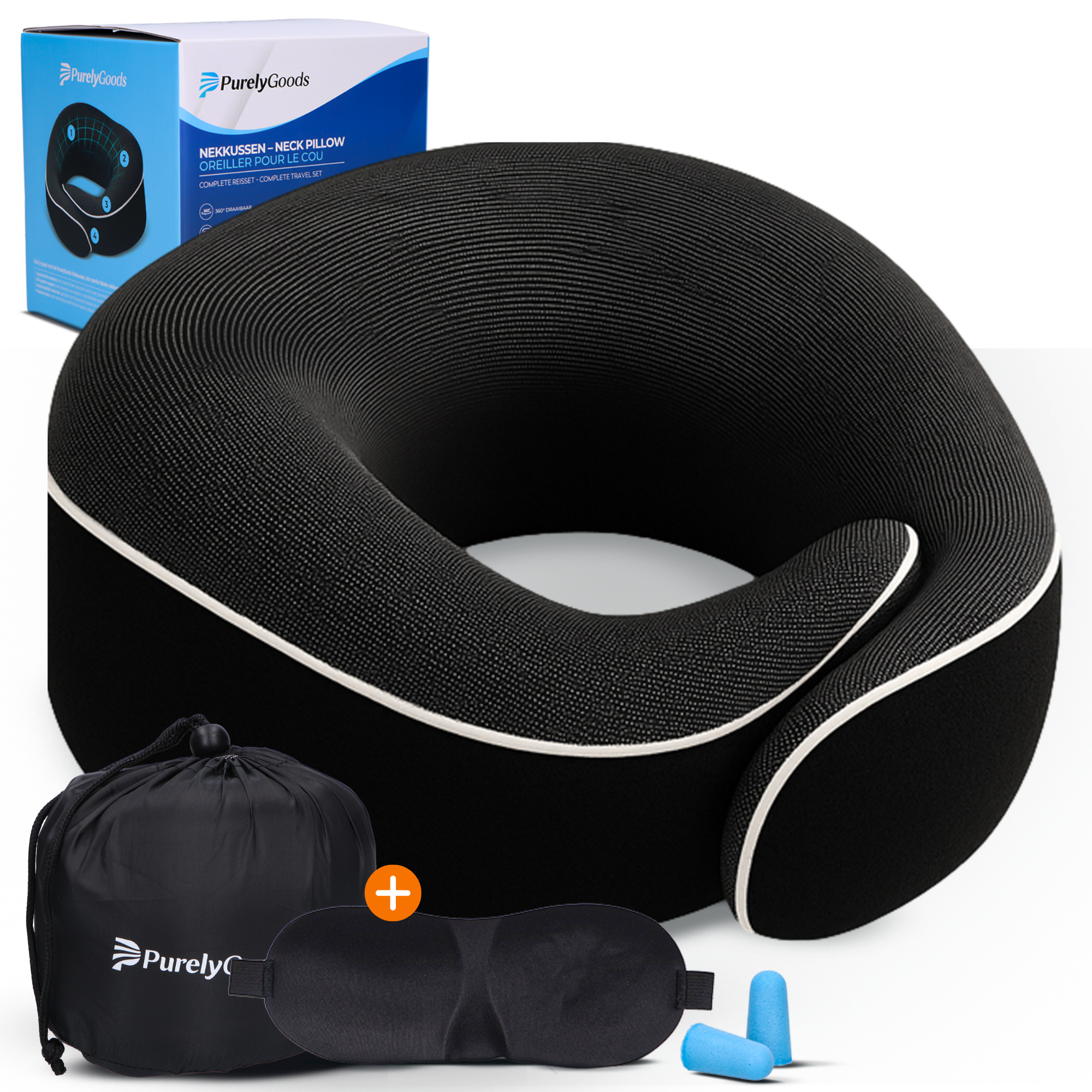 Alt-tekst: PurelyGoods nekkussen zwart voor vliegtuig met slaapmasker, oordoppen en opbergtas