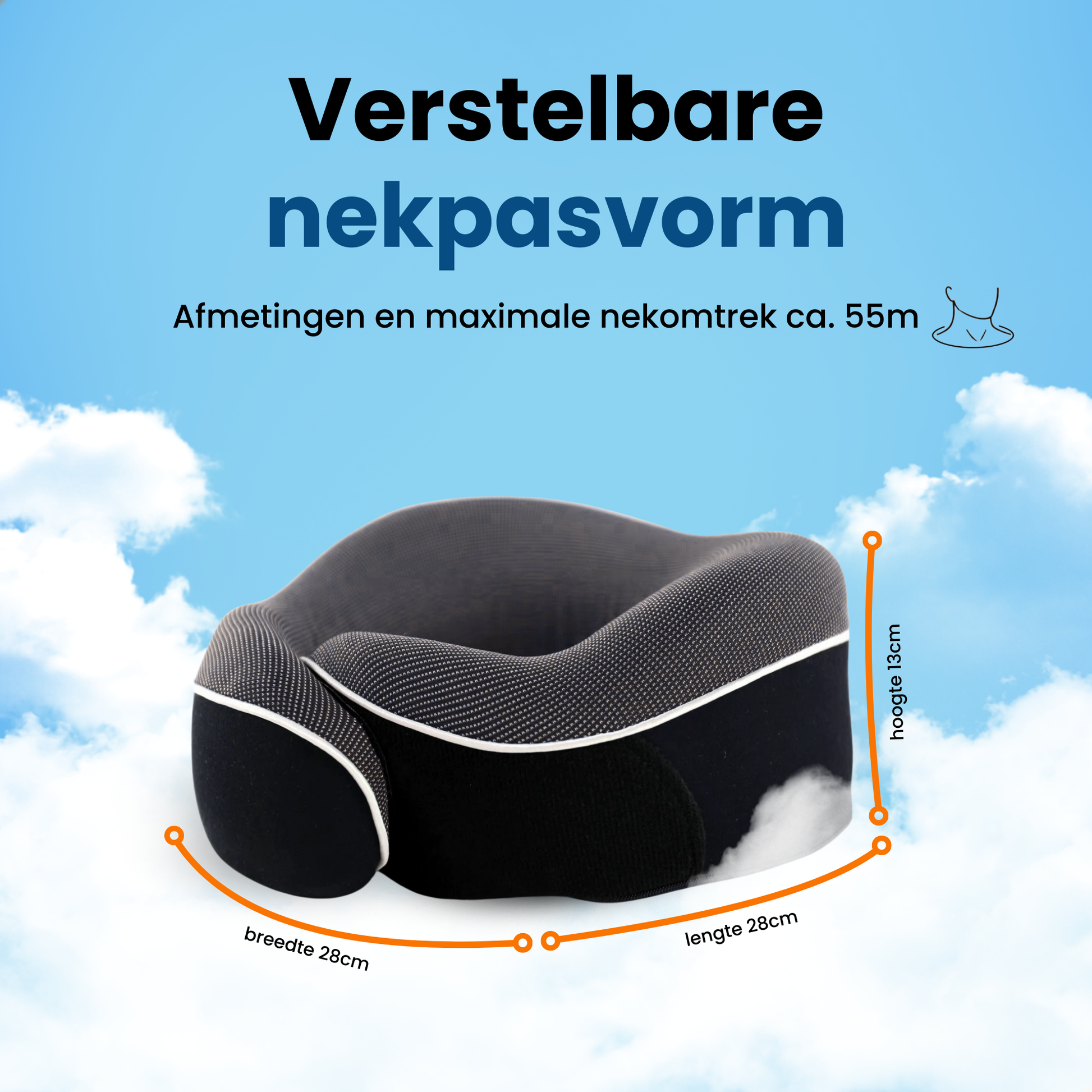 Verstelbaar nekkussen reizen met weergegeven afmetingen: breedte 28 cm, lengte 28 cm, hoogte 13 cm en maximale nekomtrek tot circa 55 cm.
