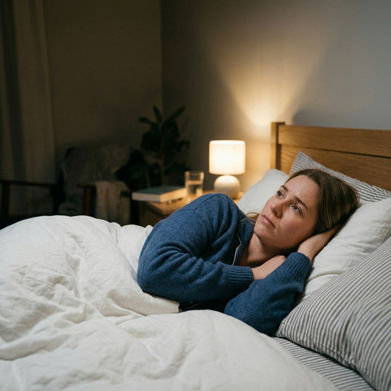vrouw ligt wakker in bed door piekeren en stress in de avond en kan niet in slaap vallen
