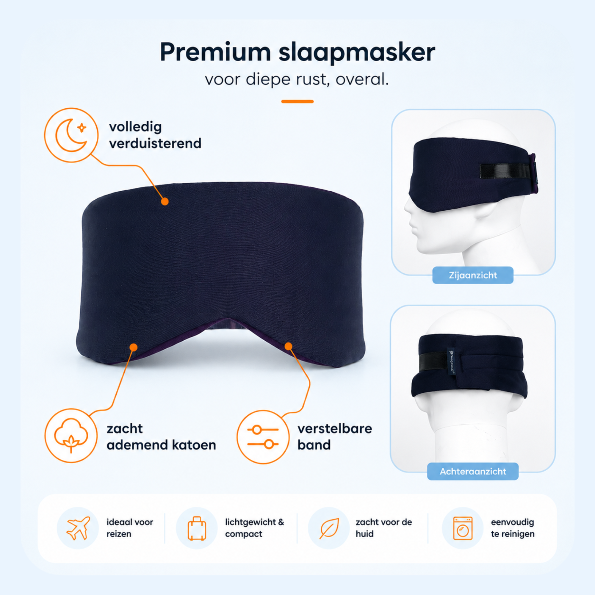 Premium verduisterend slaapmasker van ademend katoen met verstelbare band