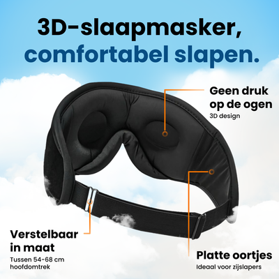Zwart PurelyGoods 3D-slaapmasker met ooguitsparingen, platte oortjes en verstelbare band voor comfortabel slapen zonder druk op de ogen.