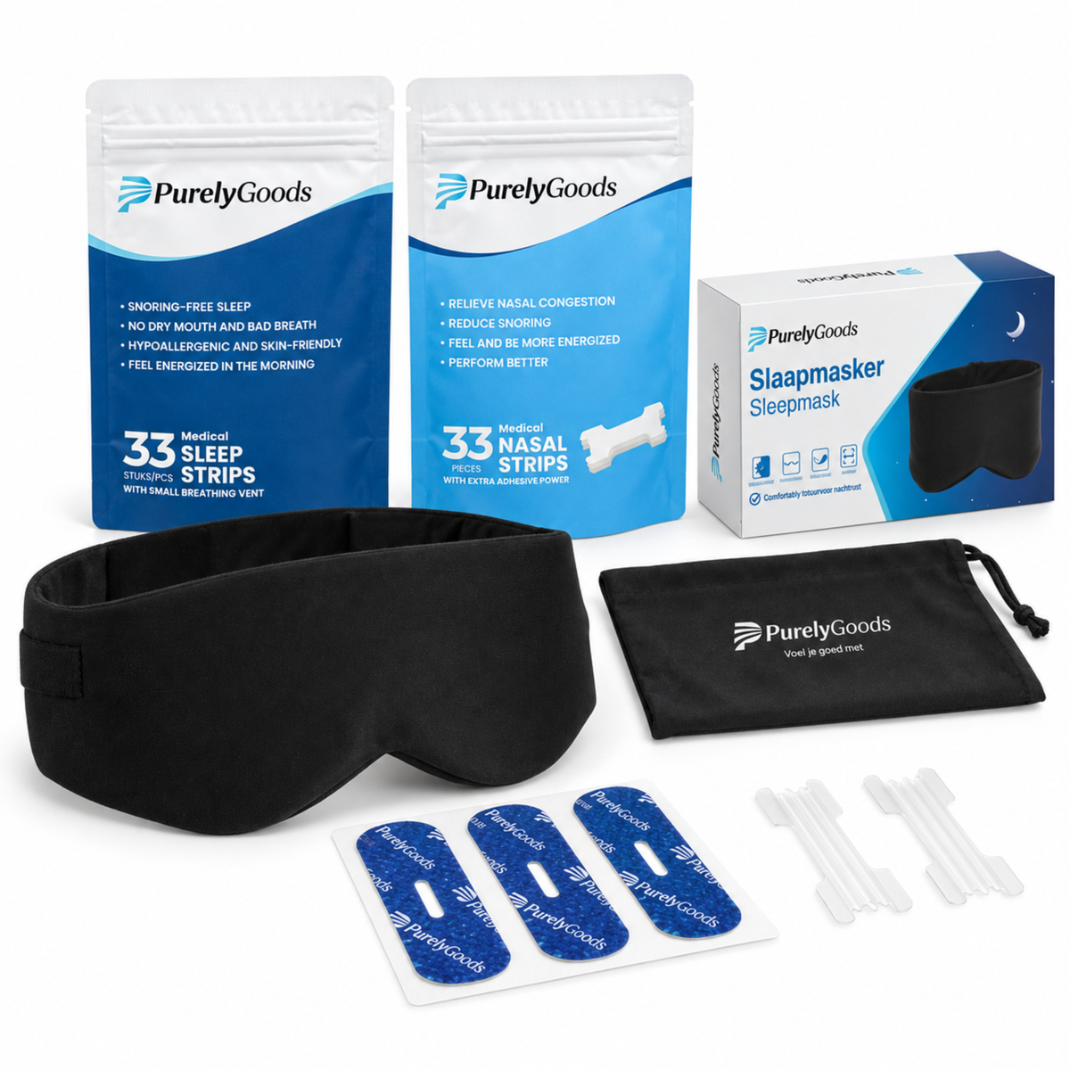 PurelyGoods anti-snurk set met slaapmasker, opbergtasje, verpakking, 33 sleep strips en 33 nasal strips op witte achtergrond.