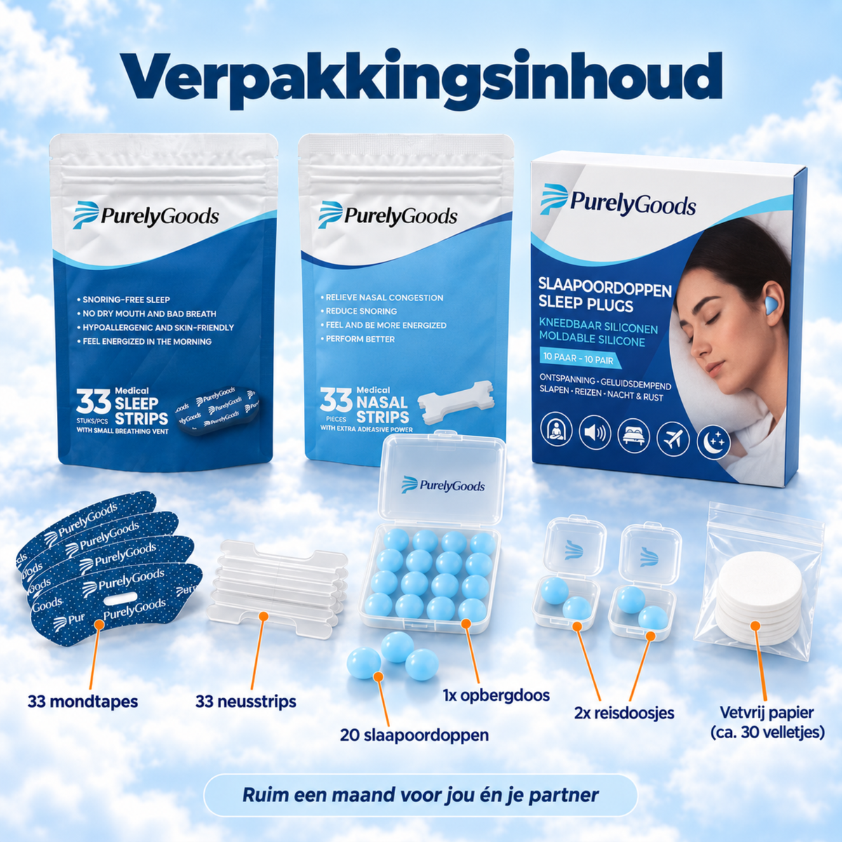 Inhoud van de set: 33 mondtapes, 33 neusstrips, 20 slaapoordoppen, doosjes en vetvrij papier