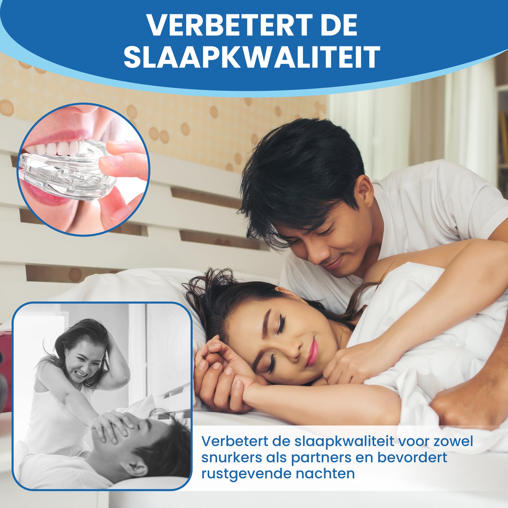 Koppel slaapt rustig met PurelyGoods anti-snurkbeugel – mondstuk vermindert snurken en verbetert slaapkwaliteit
