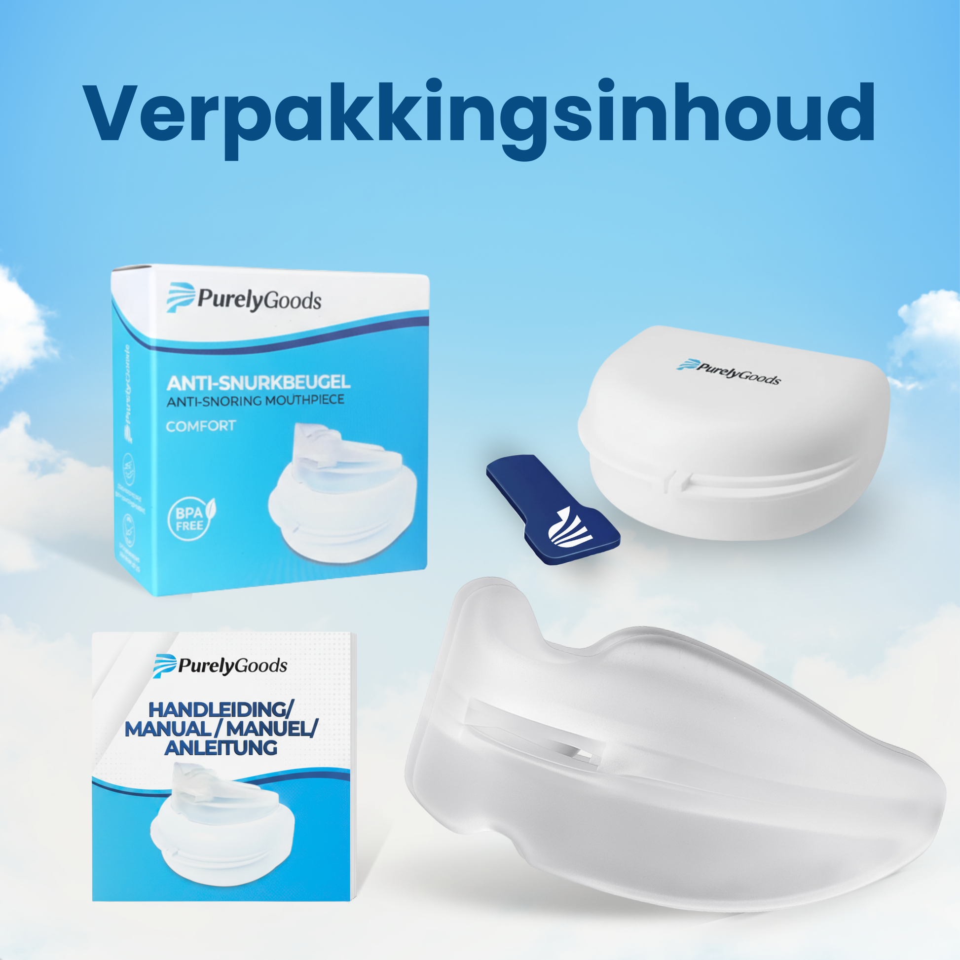 Verpakkingsinhoud PurelyGoods Anti-Snurkbeugel Comfort: snurkbeugel, opbergdoosje, spateltje en handleiding in vier talen