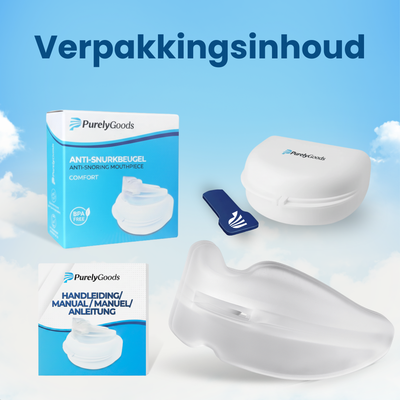 Verpakkingsinhoud PurelyGoods Anti-Snurkbeugel Comfort: snurkbeugel, opbergdoosje, spateltje en handleiding in vier talen