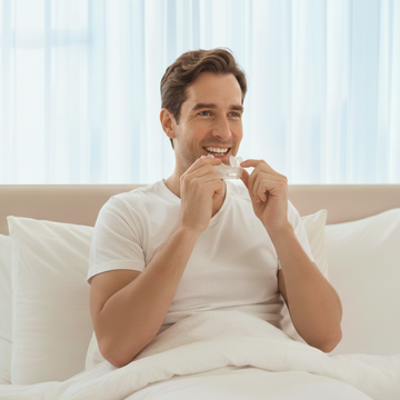 Man in bed plaatst een anti-snurken bitje van PurelyGoods, ontspannen in een lichte slaapkamer.