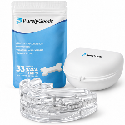PurelyGoods anti-snurkset met verstelbare snurkbeugel, bewaardoosje en 33 neusstrips