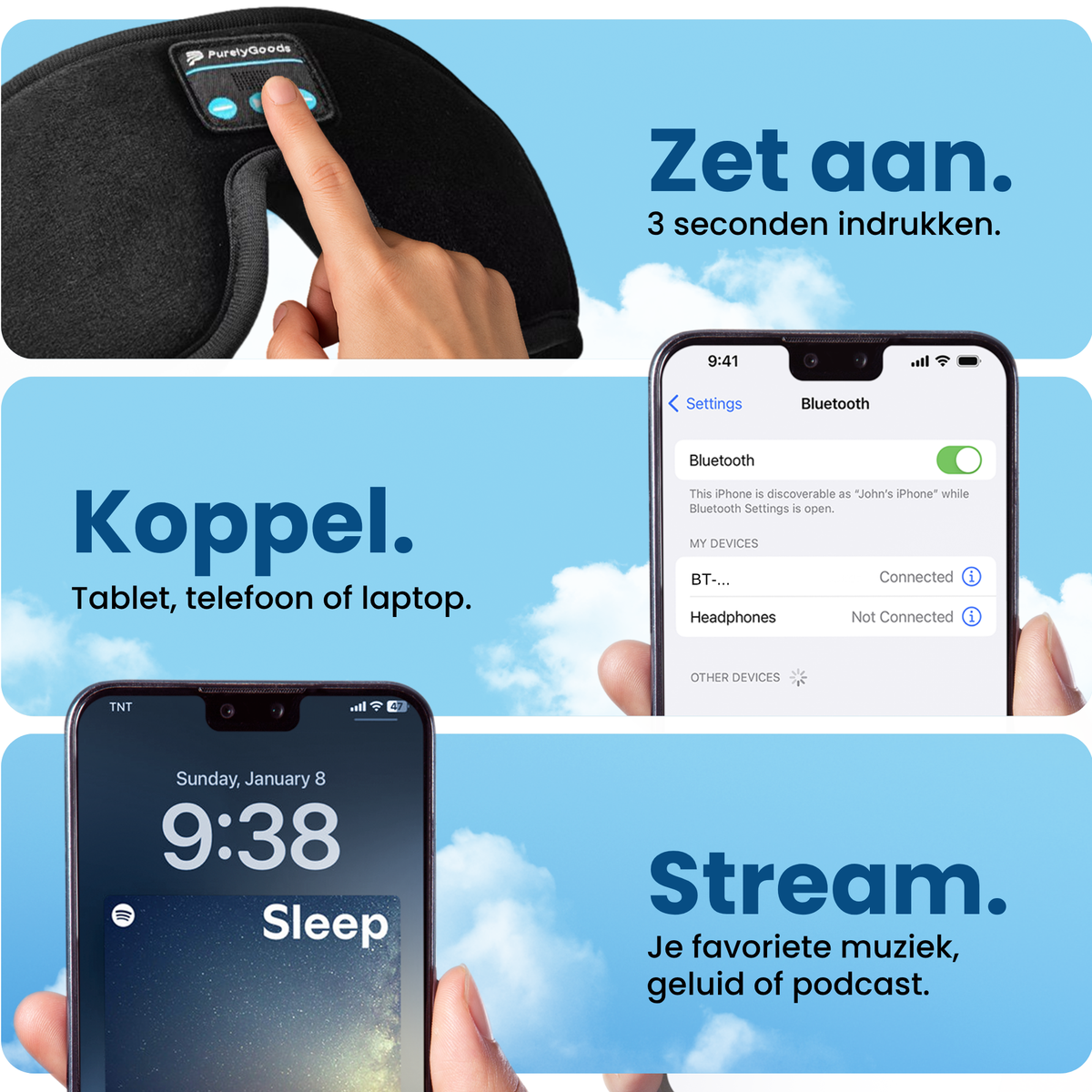PurelyGoods Bluetooth slaapmasker koppelen aan telefoon, tablet of laptop en muziek streamen
