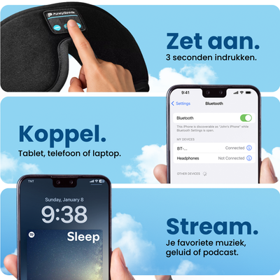 PurelyGoods Bluetooth slaapmasker koppelen aan telefoon, tablet of laptop en muziek streamen
