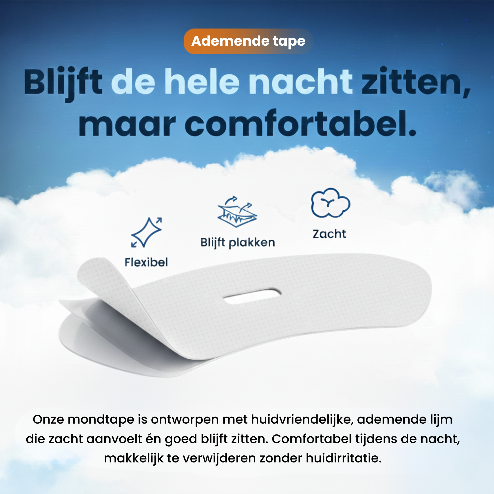 PurelyGoods mondtape transparant met eigenschappen: flexibel, blijft plakken en zacht – ideaal voor comfortabel slapen zonder huidirritatie.