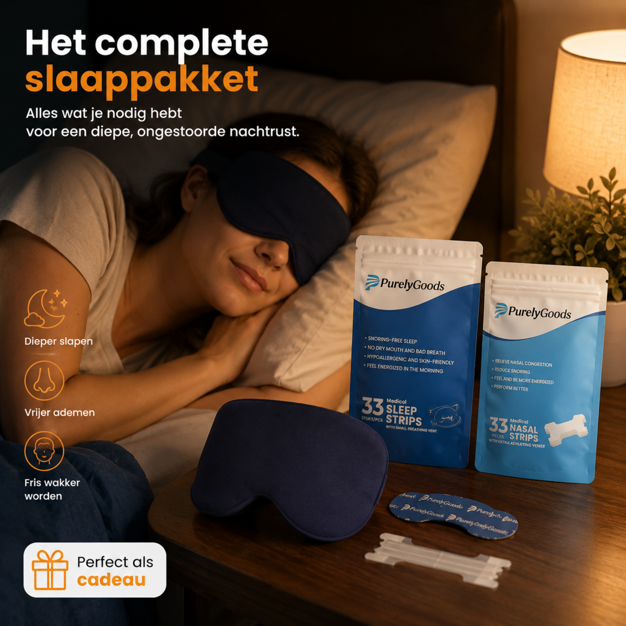 Vrouw slaapt met PurelyGoods slaapmasker naast slaappakket met mondpleisters en neusstrips