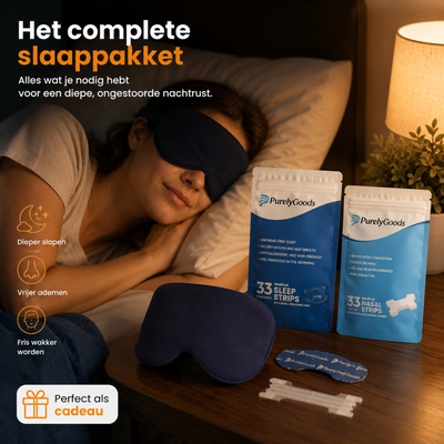 Vrouw slaapt met PurelyGoods slaapmasker naast slaappakket met mondpleisters en neusstrips