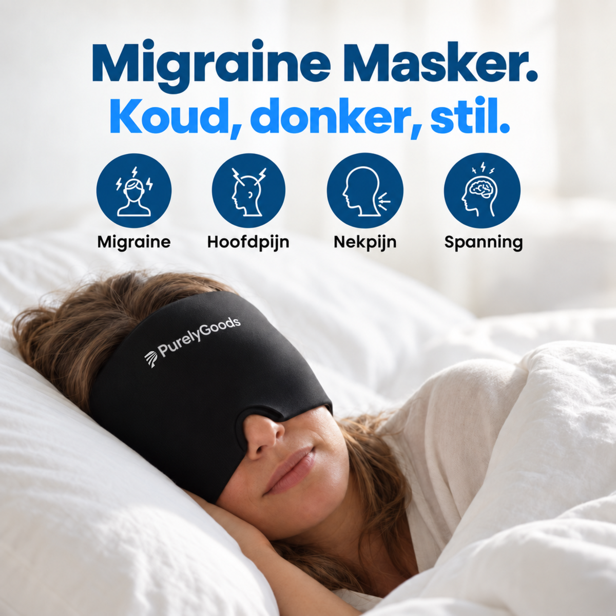 Zwart PurelyGoods hoofdpijn masker bij migraine, hoofdpijn, nekpijn en spanning, gedragen in bed
