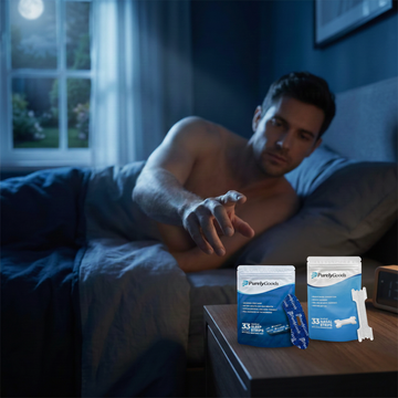 Man liggend in bed reikt naar PurelyGoods mondtape en neusstrips op het nachtkastje in een rustige nachtsfeer.