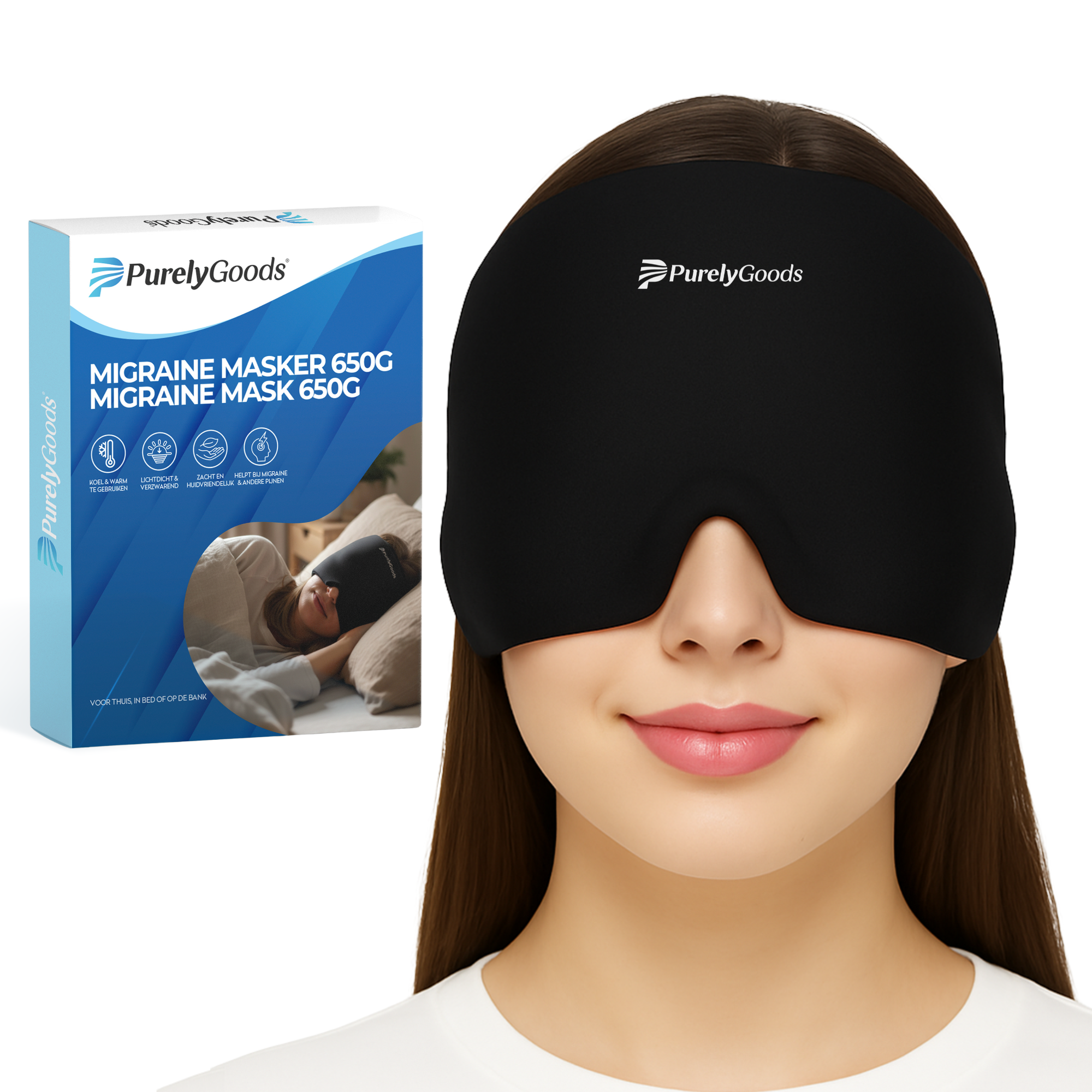 Vrouw draagt het PurelyGoods Migraine Masker 650G voor verlichting van migraine, hoofdpijn en spanning, met de productverpakking naast het masker.