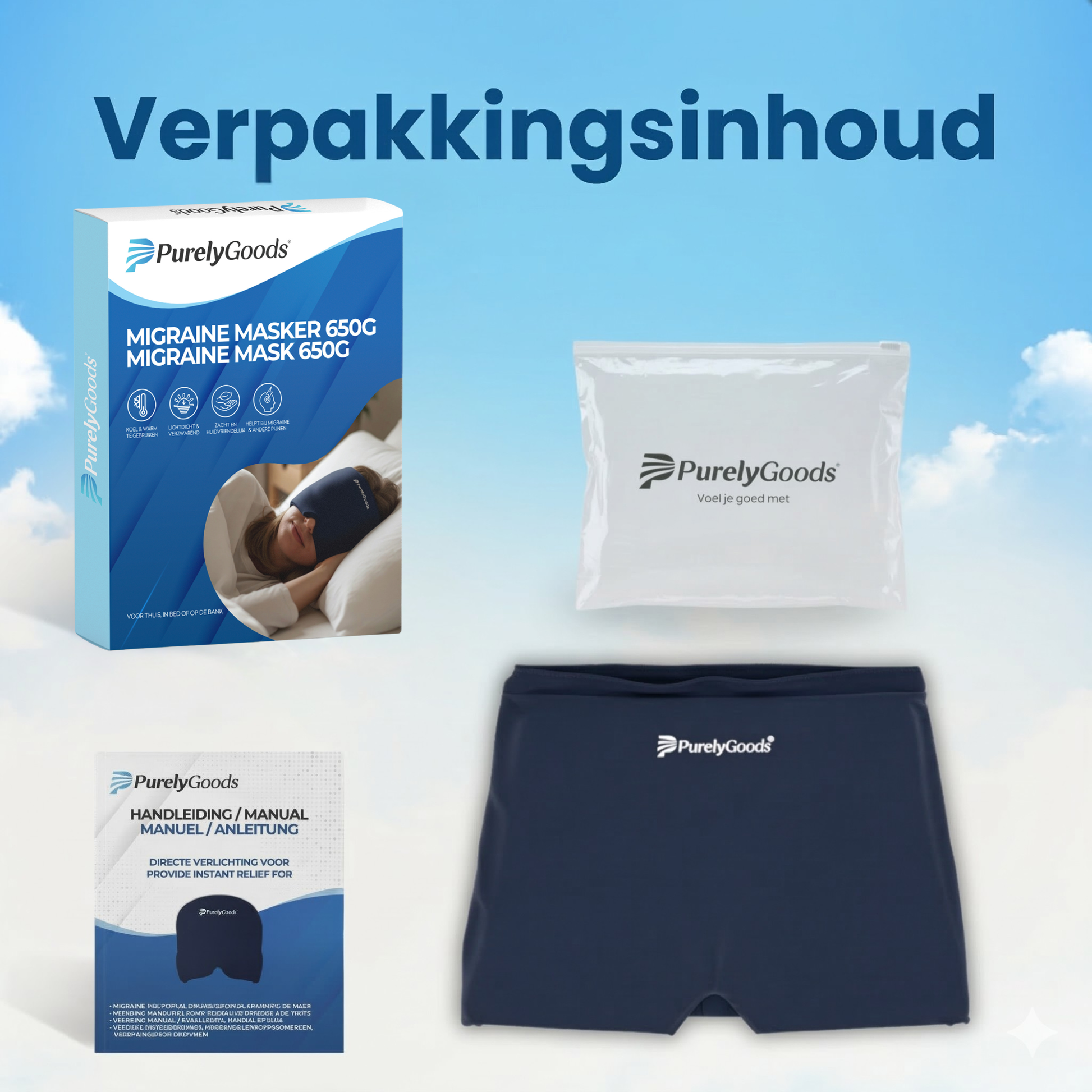 Verpakkingsinhoud van PurelyGoods migraine masker 650g met opbergzak en handleiding