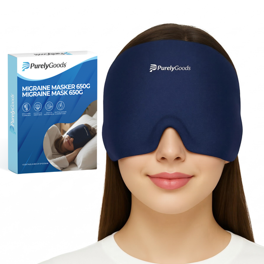 PurelyGoods migraine masker 650g slaapmasker gedragen door vrouw voor ontspanning en rust