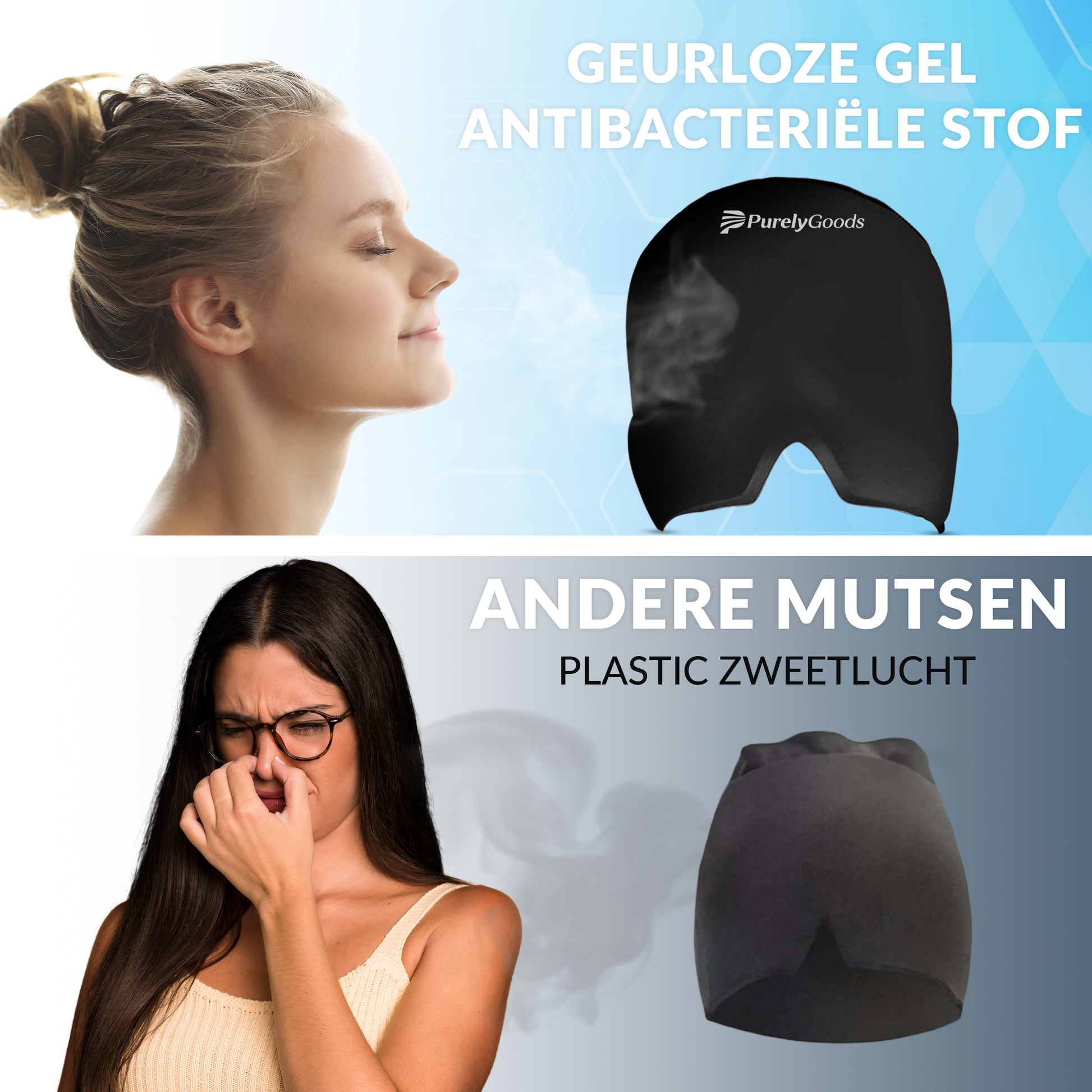 PurelyGoods migraine masker met geurloze gel en antibacteriële stof vergeleken met andere mutsen
