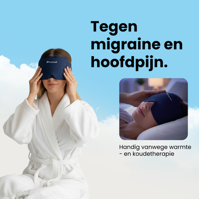 Vrouw draagt PurelyGoods migraine masker voor verlichting bij migraine en hoofdpijn met warmte- en koudetherapie