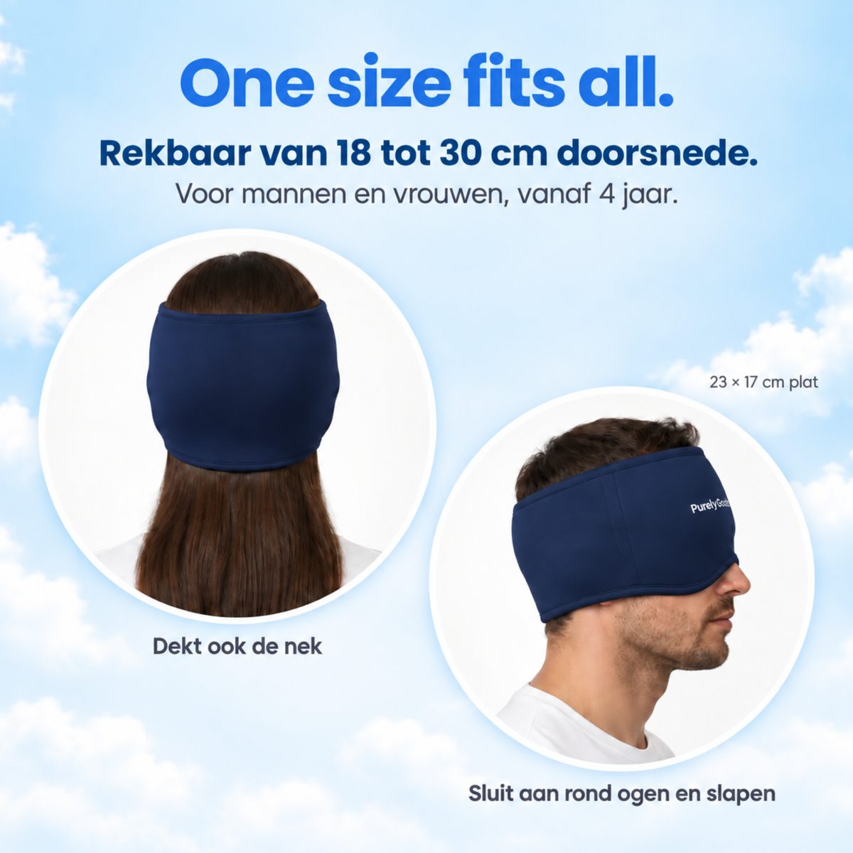 PurelyGoods migraine masker one size, rekbaar 18–30 cm, dekt ogen, slapen en nek, man en vrouw