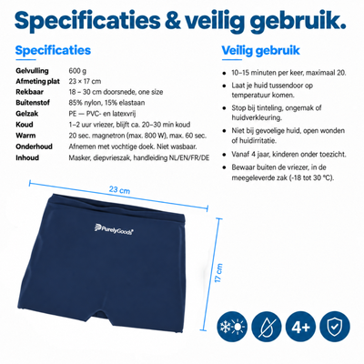 Specificaties PurelyGoods migraine masker: 600 g gel, 23×17 cm, 85% nylon, PVC- en latexvrij