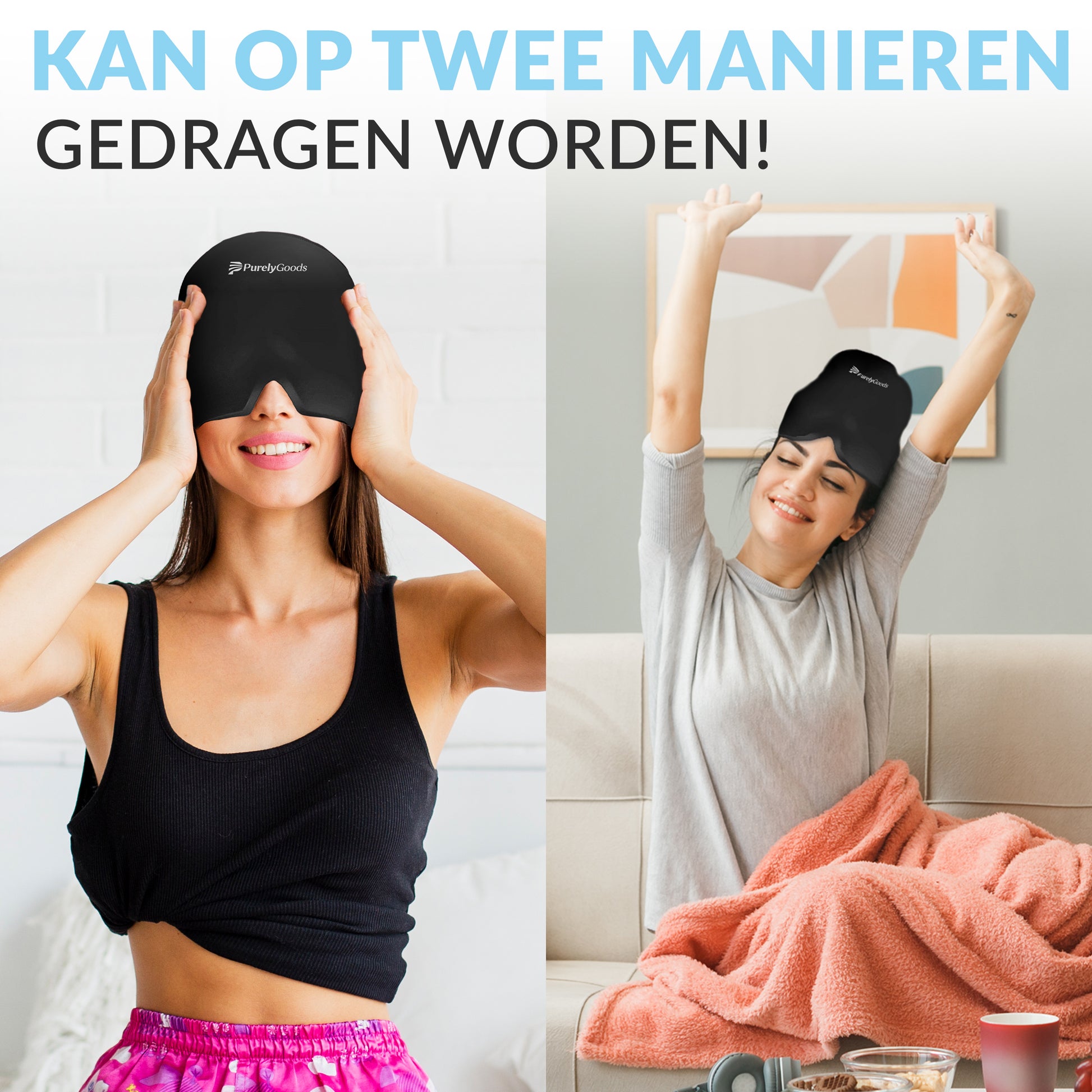 PurelyGoods migraine masker kan op twee manieren gedragen worden voor hoofdpijn en migraine verlichting
