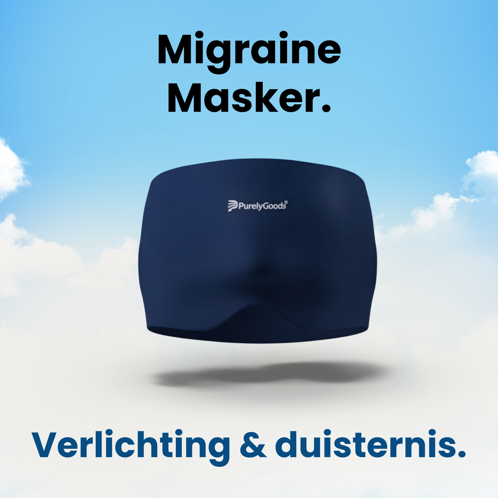 PurelyGoods migraine masker zwevend productbeeld voor ontspanning en rust bij migraine