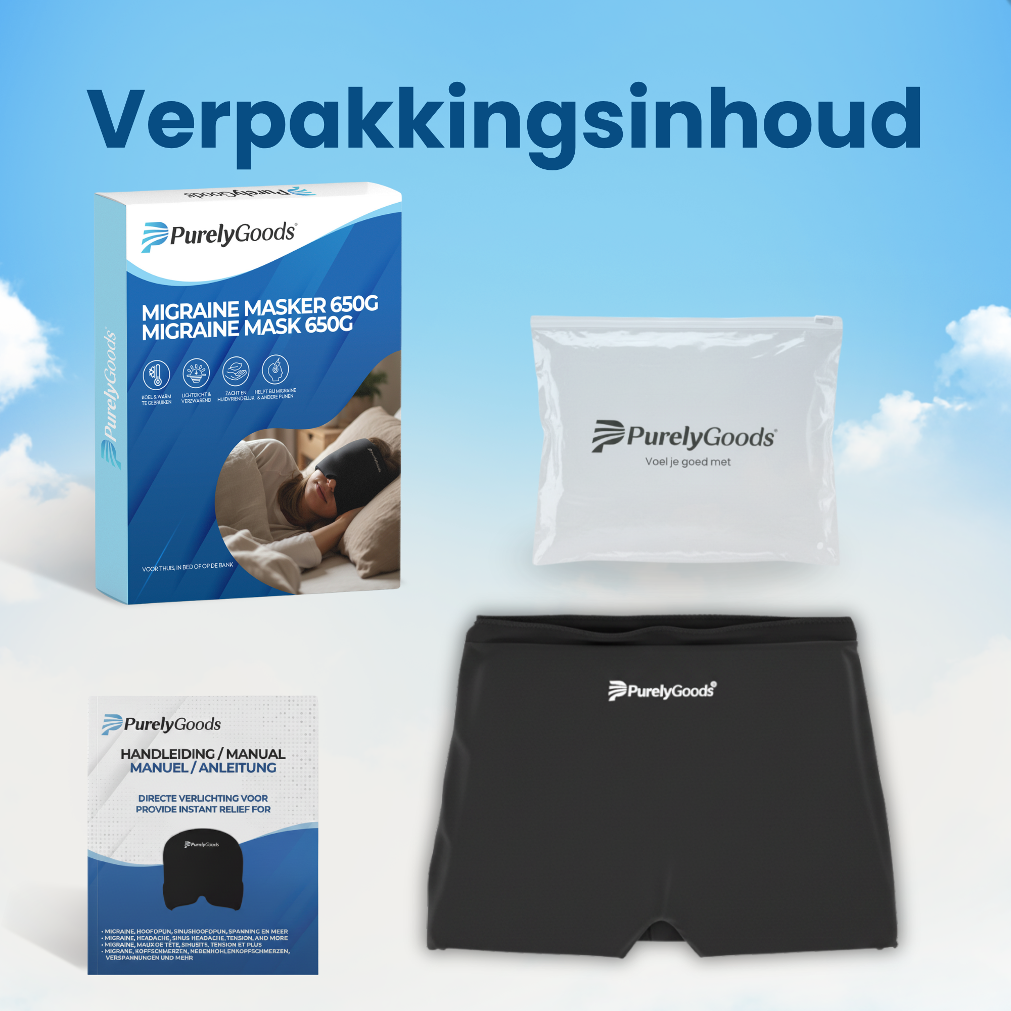 Verpakkingsinhoud van het PurelyGoods Migraine Masker 650G met de productdoos, migraine masker, hersluitbare opbergzak en meertalige handleiding.