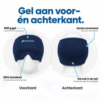 Voor- en achterkant PurelyGoods migraine masker met 600 g gel, 100% lichtdicht en zachte stretchstof