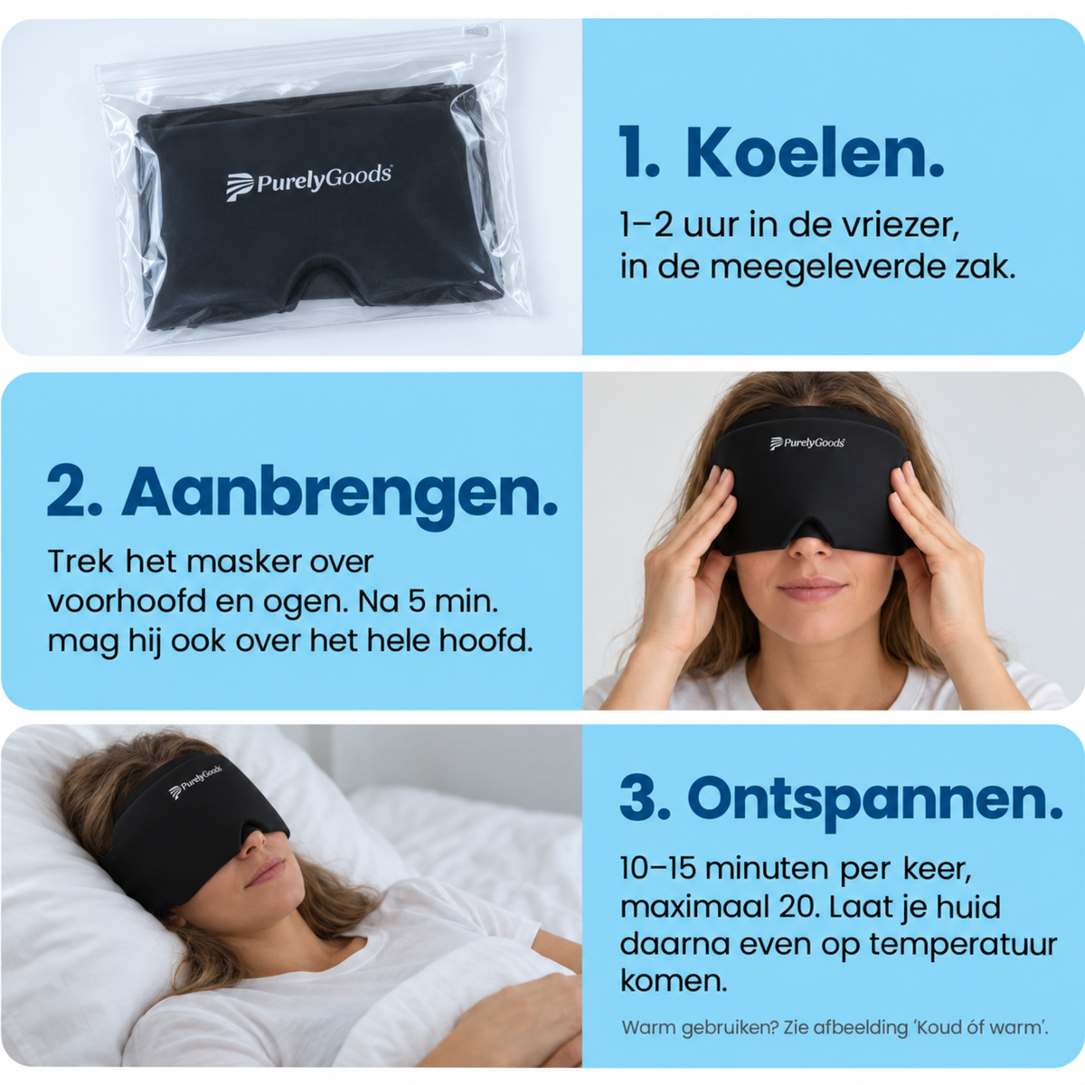 Zwart PurelyGoods migraine masker in 3 stappen: koelen, aanbrengen over ogen, 10–15 minuten ontspannen